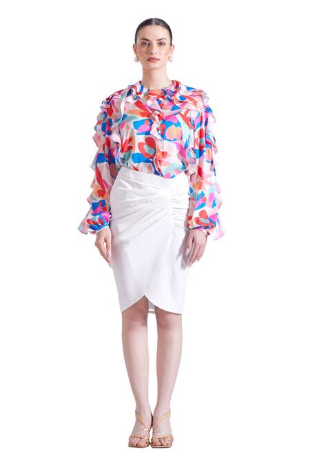 Shop Zosia Multi Color Lycra Round Neck Lucia Printed Draped Shirt And Skirt Set Online at Aza Fashions Shop_Zosia_Multi Color Lycra Round Neck Lucia Printed Draped Shirt And Skirt Set _Online_at_Aza_Fashions