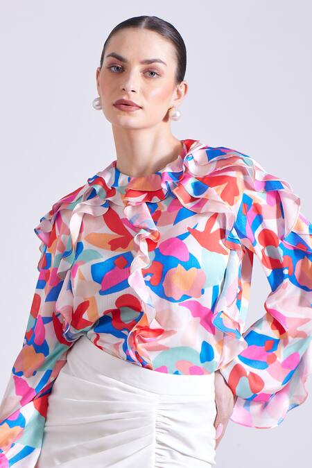 Shop Zosia Multi Color Lycra Round Neck Lucia Printed Draped Shirt And Skirt Set Shop_Zosia_Multi Color Lycra Round Neck Lucia Printed Draped Shirt And Skirt Set