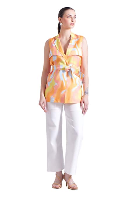 Zosia_Yellow Linen, Satin Collared Mimosa Abstract Print Blazer _Online_at_Aza_Fashions