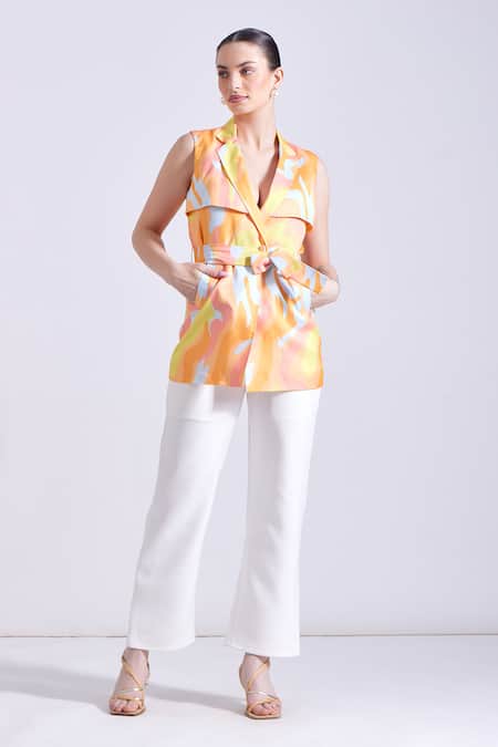 Buy_Zosia_Yellow Linen, Satin Collared Mimosa Abstract Print Blazer _Online_at_Aza_Fashions