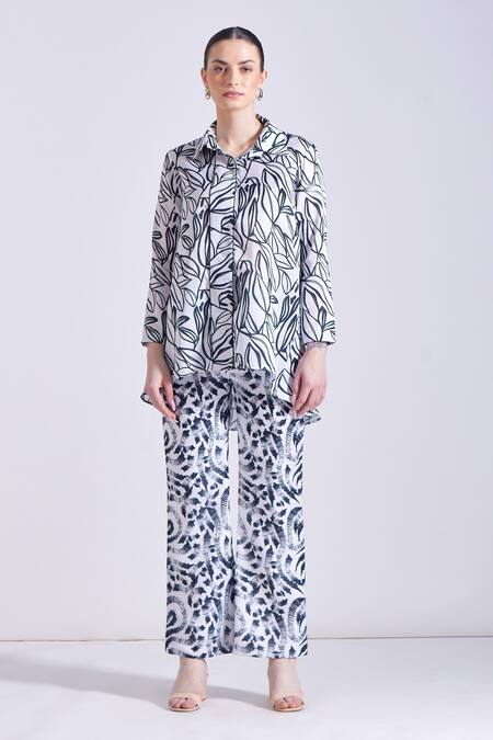 Shop_Zosia_Black Linen, Satin Odessa Leaf Print Blazer And Pant Set _Online_at_Aza_Fashions