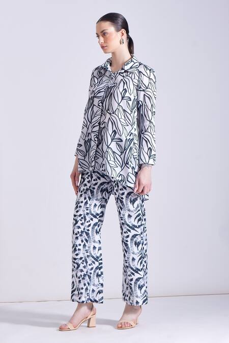 Zosia_Black Linen, Satin Odessa Leaf Print Blazer And Pant Set _at_Aza_Fashions