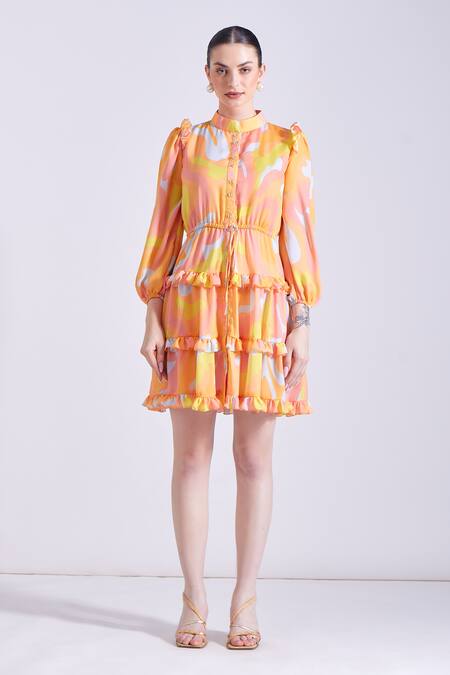 Zosia_Blue Georgette, Satin Ruffles Bandeau Neck Prosecco Wave Print Dress _Online_at_Aza_Fashions