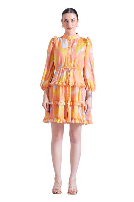 Buy_Zosia_Blue Georgette, Satin Ruffles Bandeau Neck Prosecco Wave Print Dress _Online_at_Aza_Fashions