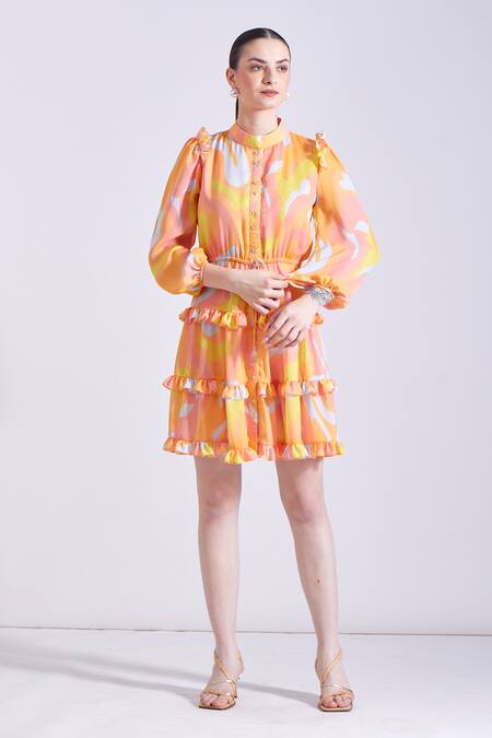 Shop_Zosia_Blue Georgette, Satin Ruffles Bandeau Neck Prosecco Wave Print Dress _Online_at_Aza_Fashions