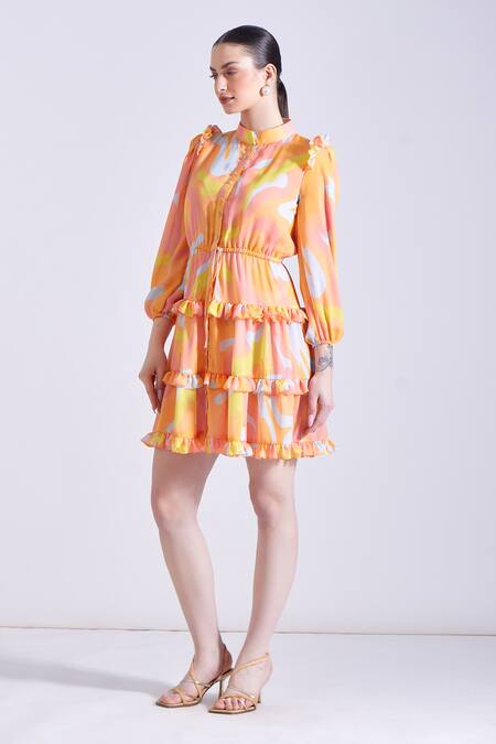 Zosia_Blue Georgette, Satin Ruffles Bandeau Neck Prosecco Wave Print Dress _at_Aza_Fashions