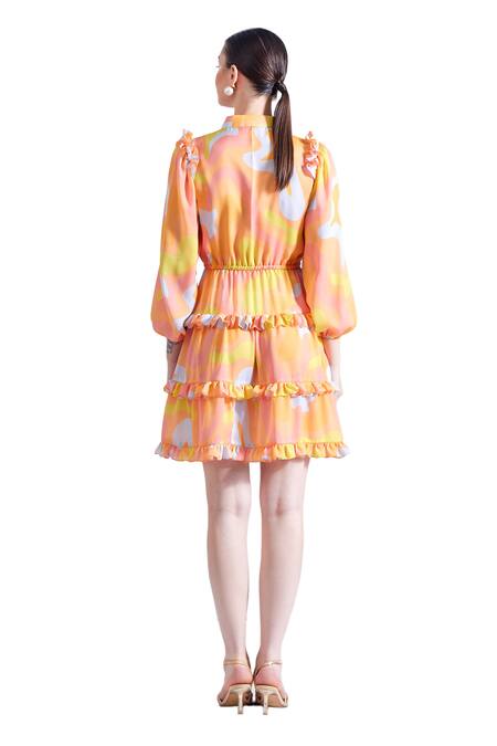 Buy_Zosia_Blue Georgette, Satin Ruffles Bandeau Neck Prosecco Wave Print Dress 