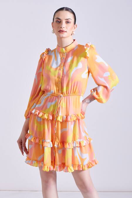 Shop_Zosia_Blue Georgette, Satin Ruffles Bandeau Neck Prosecco Wave Print Dress 