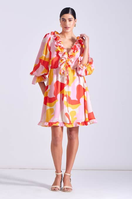 Zosia Porto Abstract Print Ruffle Dress 