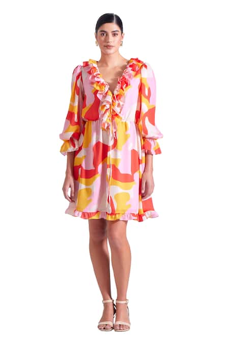 Zosia_Orange Georgette, Satin Plunge Neck Abstract Print Ruffle Dress _Online_at_Aza_Fashions