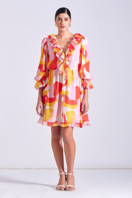 Buy_Zosia_Orange Georgette, Satin Plunge Neck Abstract Print Ruffle Dress _Online_at_Aza_Fashions
