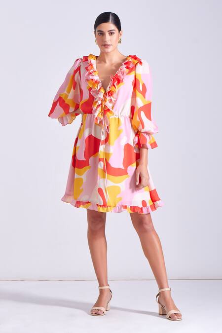 Shop_Zosia_Orange Georgette, Satin Plunge Neck Abstract Print Ruffle Dress _Online_at_Aza_Fashions
