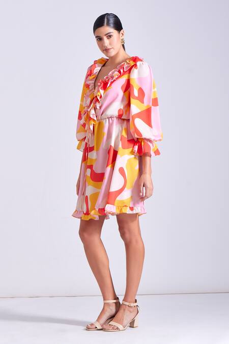 Zosia_Orange Georgette, Satin Plunge Neck Abstract Print Ruffle Dress _at_Aza_Fashions