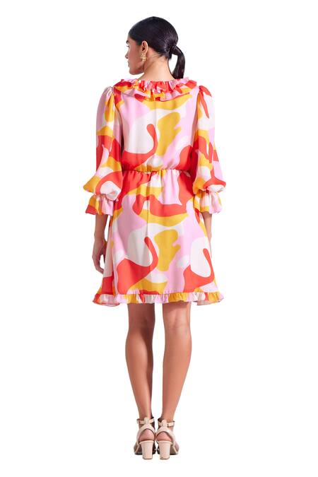 Buy_Zosia_Orange Georgette, Satin Plunge Neck Abstract Print Ruffle Dress 