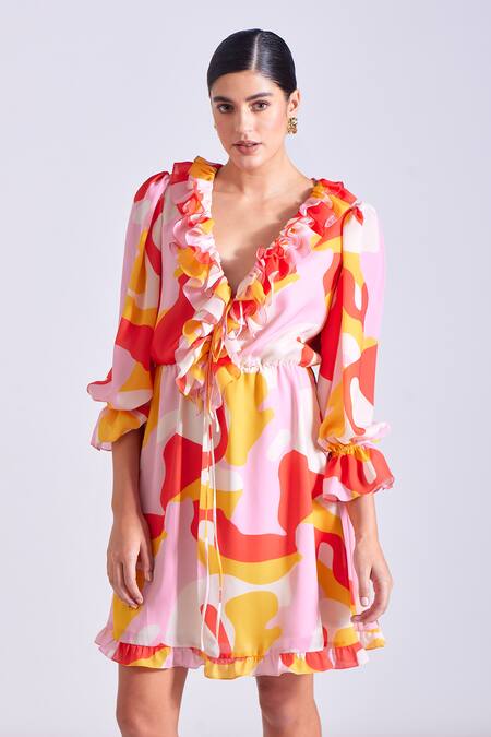 Shop_Zosia_Orange Georgette, Satin Plunge Neck Abstract Print Ruffle Dress 