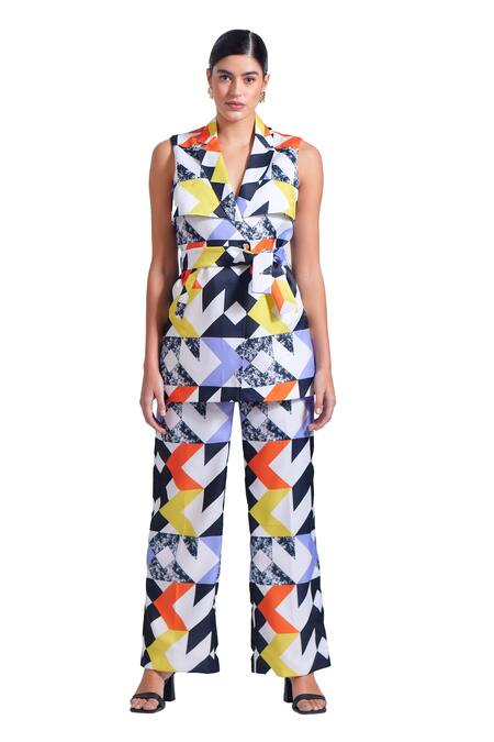 Buy_Zosia_Multi Color Linen, Satin Selento Printed Blazer And Pant Set _Online_at_Aza_Fashions