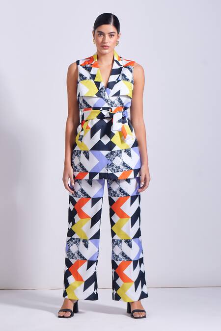 Shop_Zosia_Multi Color Linen, Satin Selento Printed Blazer And Pant Set _Online_at_Aza_Fashions