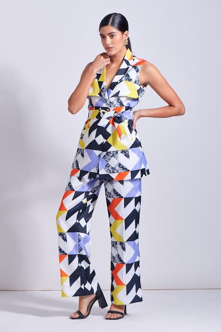 Zosia_Multi Color Linen, Satin Selento Printed Blazer And Pant Set _at_Aza_Fashions