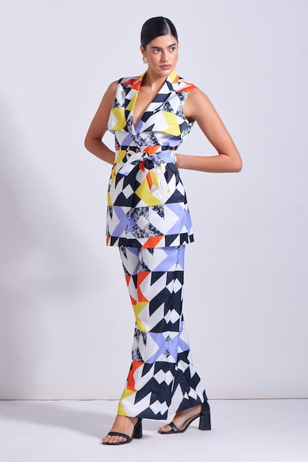 Buy_Zosia_Multi Color Linen, Satin Selento Printed Blazer And Pant Set 