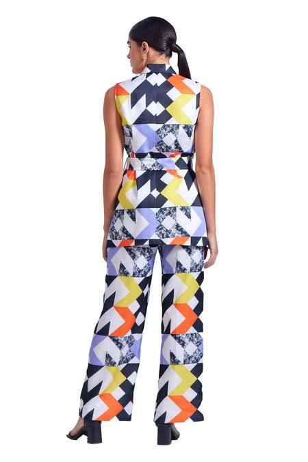 Shop_Zosia_Multi Color Linen, Satin Selento Printed Blazer And Pant Set 