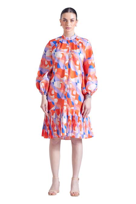 Zosia_Orange Linen, Satin Bandeau Neck Santos Abstract Print Shirt Dress _Online_at_Aza_Fashions