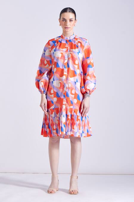 Buy_Zosia_Orange Linen, Satin Bandeau Neck Santos Abstract Print Shirt Dress _Online_at_Aza_Fashions