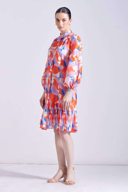 Shop_Zosia_Orange Linen, Satin Bandeau Neck Santos Abstract Print Shirt Dress _Online_at_Aza_Fashions