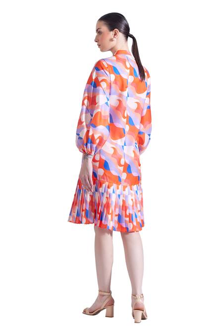 Buy_Zosia_Orange Linen, Satin Bandeau Neck Santos Abstract Print Shirt Dress 