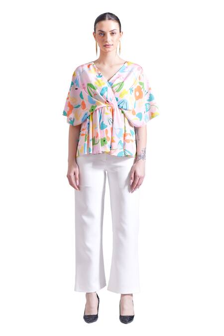 Zosia_Pink Satin V-neck Sorso Floral Print Draped Top _Online_at_Aza_Fashions