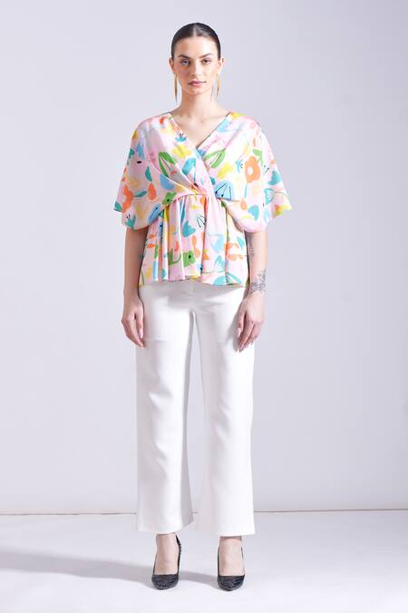 Buy_Zosia_Pink Satin V-neck Sorso Floral Print Draped Top _Online_at_Aza_Fashions