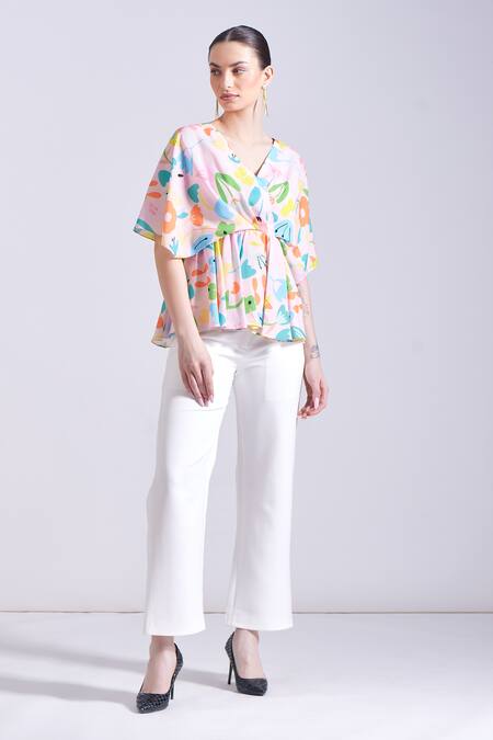 Shop_Zosia_Pink Satin V-neck Sorso Floral Print Draped Top _Online_at_Aza_Fashions