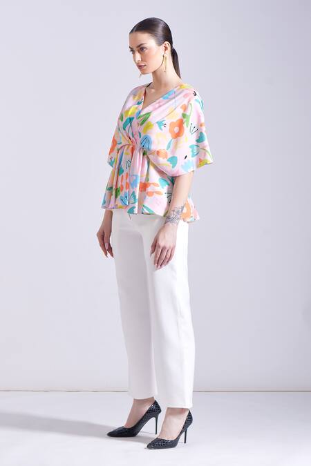 Zosia_Pink Satin V-neck Sorso Floral Print Draped Top _at_Aza_Fashions