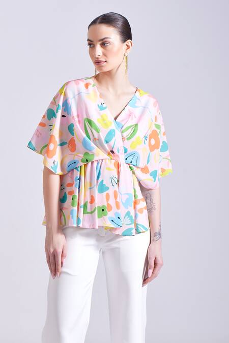 Shop_Zosia_Pink Satin V-neck Sorso Floral Print Draped Top 