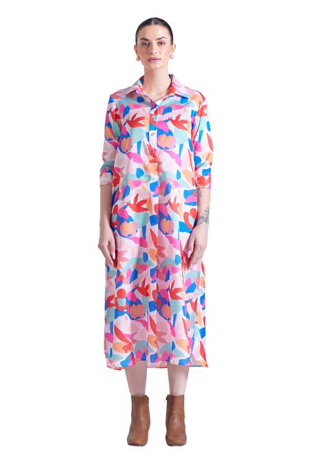 Zosia Multi Color Linen, Satin Collared Tulum Flower Print Shirt Dress Online at Aza Fashions Zosia_Multi Color Linen, Satin Collared Tulum Flower Print Shirt Dress _Online_at_Aza_Fashions