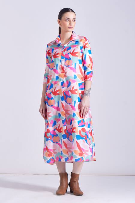 Shop Zosia Multi Color Linen, Satin Collared Tulum Flower Print Shirt Dress Online at Aza Fashions Shop_Zosia_Multi Color Linen, Satin Collared Tulum Flower Print Shirt Dress _Online_at_Aza_Fashions