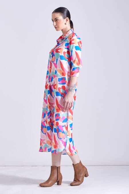 Zosia Multi Color Linen, Satin Collared Tulum Flower Print Shirt Dress at Aza Fashions Zosia_Multi Color Linen, Satin Collared Tulum Flower Print Shirt Dress _at_Aza_Fashions