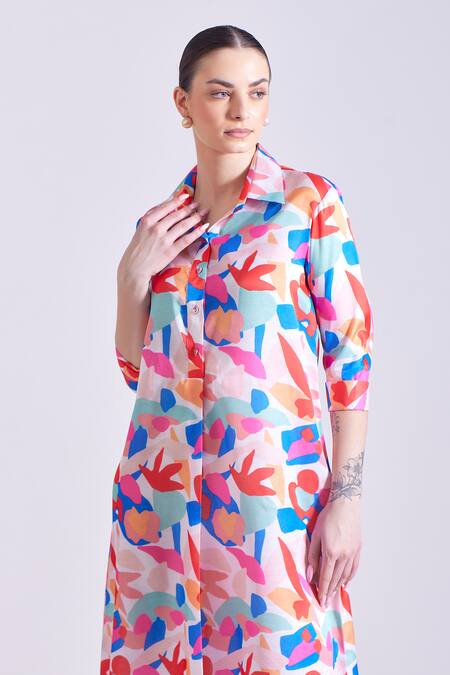 Shop Zosia Multi Color Linen, Satin Collared Tulum Flower Print Shirt Dress Shop_Zosia_Multi Color Linen, Satin Collared Tulum Flower Print Shirt Dress