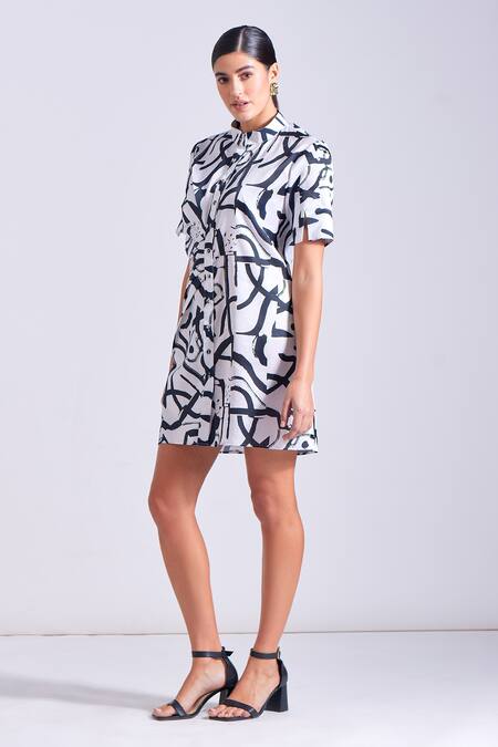 Shop Zosia Black Linen, Satin Bandeau Neck Toris Stroke Print Dress Online at Aza Fashions Shop_Zosia_Black Linen, Satin Bandeau Neck Toris Stroke Print Dress _Online_at_Aza_Fashions