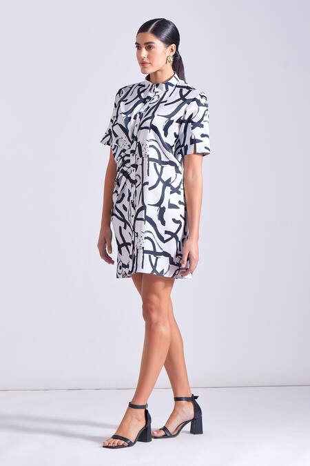 Zosia Black Linen, Satin Bandeau Neck Toris Stroke Print Dress at Aza Fashions Zosia_Black Linen, Satin Bandeau Neck Toris Stroke Print Dress _at_Aza_Fashions