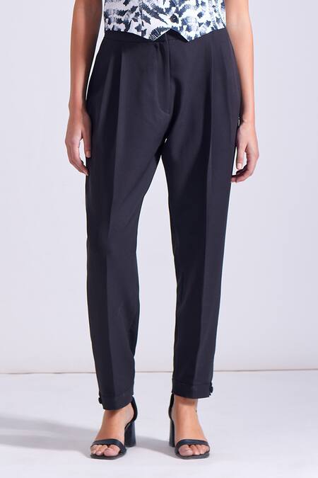 Zosia_Black Linen, Satin, Crepe, Lycra V-neck Sia Stroke Print Vest And Harem Pant Set _Online_at_Aza_Fashions