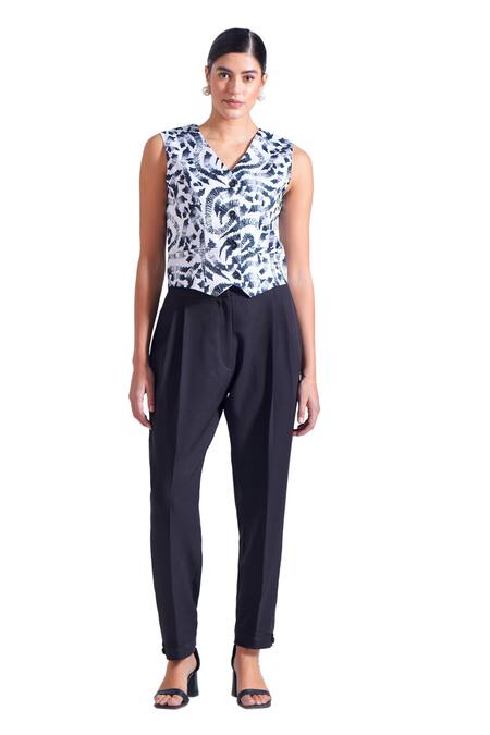 Buy_Zosia_Black Linen, Satin, Crepe, Lycra V-neck Sia Stroke Print Vest And Harem Pant Set _Online_at_Aza_Fashions
