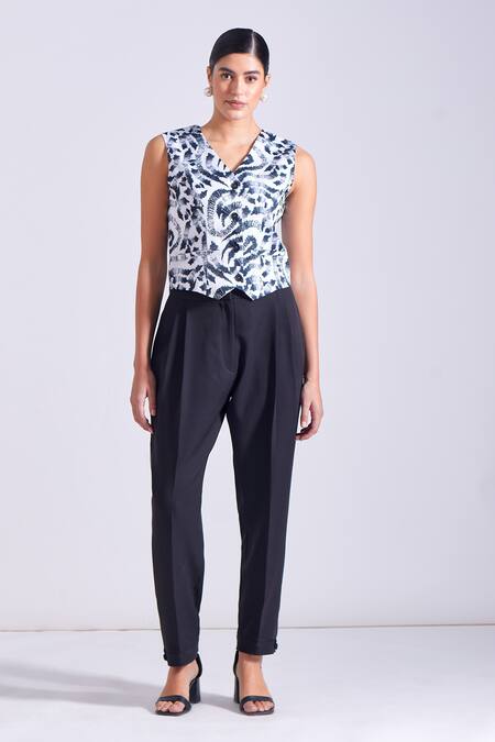 Shop_Zosia_Black Linen, Satin, Crepe, Lycra V-neck Sia Stroke Print Vest And Harem Pant Set _Online_at_Aza_Fashions