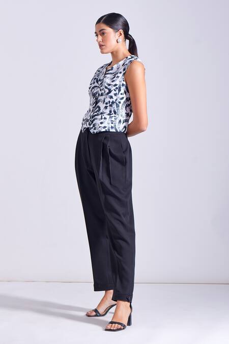 Zosia_Black Linen, Satin, Crepe, Lycra V-neck Sia Stroke Print Vest And Harem Pant Set _at_Aza_Fashions