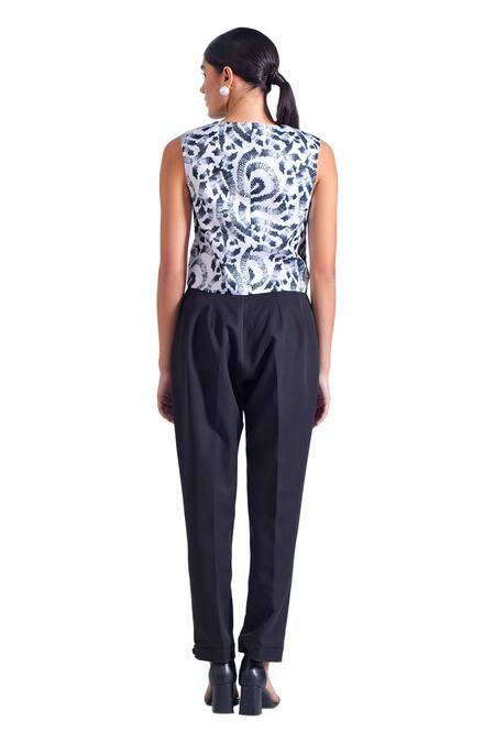 Shop_Zosia_Black Linen, Satin, Crepe, Lycra V-neck Sia Stroke Print Vest And Harem Pant Set 