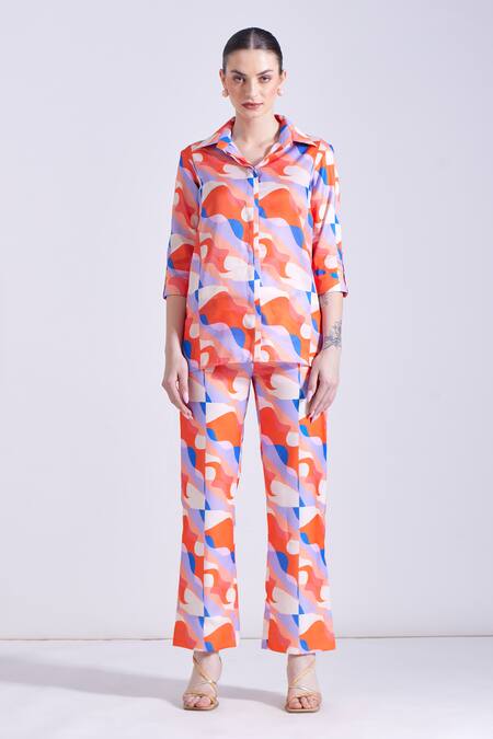 Zosia Orange Linen, Satin Collared Sintra Wave Print Shirt And Pant Set Online at Aza Fashions Zosia_Orange Linen, Satin Collared Sintra Wave Print Shirt And Pant Set _Online_at_Aza_Fashions