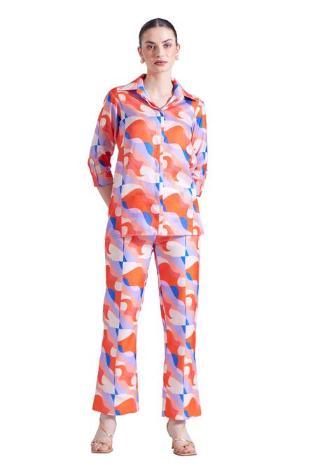 Shop Zosia Orange Linen, Satin Collared Sintra Wave Print Shirt And Pant Set Online at Aza Fashions Shop_Zosia_Orange Linen, Satin Collared Sintra Wave Print Shirt And Pant Set _Online_at_Aza_Fashions