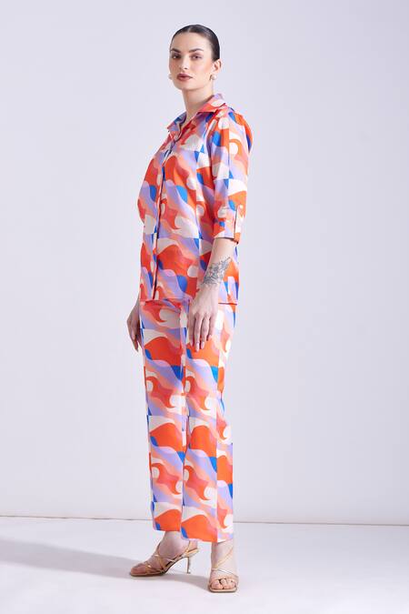 Zosia Orange Linen, Satin Collared Sintra Wave Print Shirt And Pant Set at Aza Fashions Zosia_Orange Linen, Satin Collared Sintra Wave Print Shirt And Pant Set _at_Aza_Fashions