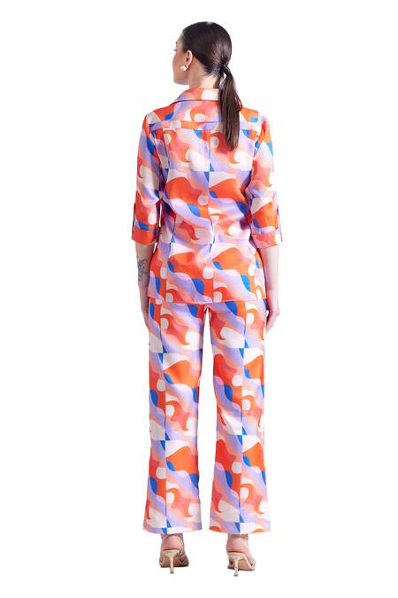 Buy Zosia Orange Linen, Satin Collared Sintra Wave Print Shirt And Pant Set Buy_Zosia_Orange Linen, Satin Collared Sintra Wave Print Shirt And Pant Set