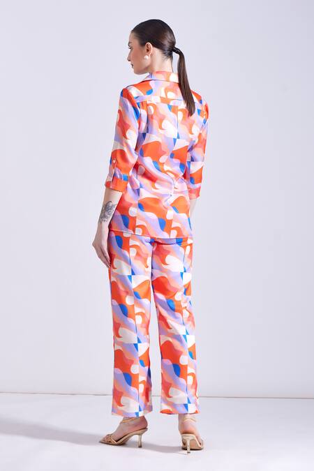 Shop Zosia Orange Linen, Satin Collared Sintra Wave Print Shirt And Pant Set Shop_Zosia_Orange Linen, Satin Collared Sintra Wave Print Shirt And Pant Set