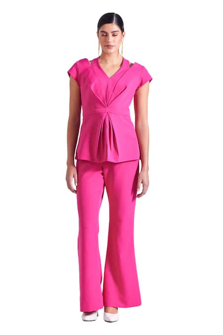 Zosia_Pink Crepe, Lycra V-neck Stella Draped Top And Bootcut Pant Set _Online_at_Aza_Fashions